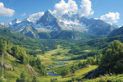 Majestic Peaks Overseeing Verdant Valley with Winding River Below