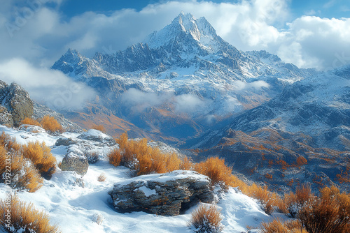 Golden tundra accents under frosty peaks and ethereal cloud veils