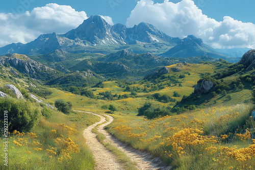 Dusty Road Meandering Through Lush Meadow Towards Majestic Mountains