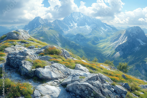 Alpine Vista, Sunlit Mountain Trail with Wildflowers and Distant Peaks