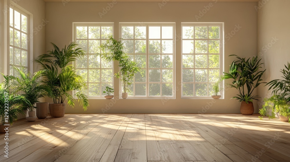 Sunlit room with large windows and indoor plants creating a tranquil atmosphere Sunlit room with large windows and indoor plants creating a tranquil atmosphere