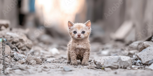 A dirty little kitten in a slum area. A homeless baby cat in the rubble of a shantytown neighborhood.