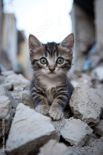 A dirty little kitten in a slum area. A homeless baby cat in the rubble of a shantytown neighborhood.