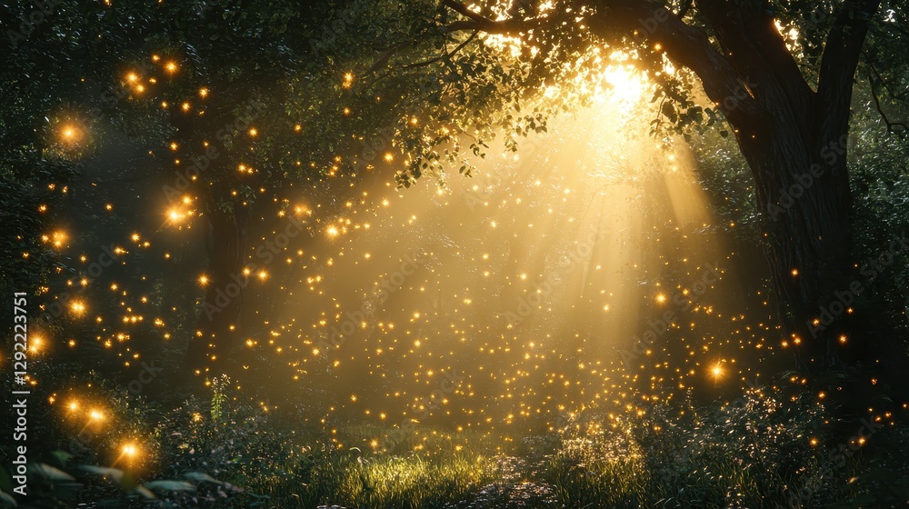 Naklejka premium Enchanted forest with glowing fireflies under sunlit canopy