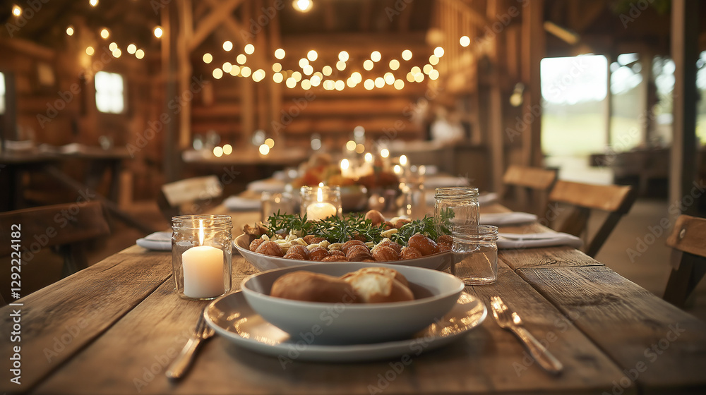 Rustic barn dinner table with warm lights and candles Rustic barn dinner table with warm lights and candles