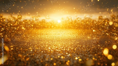 Glittering golden sunset with sparkling light particles and radiant glow