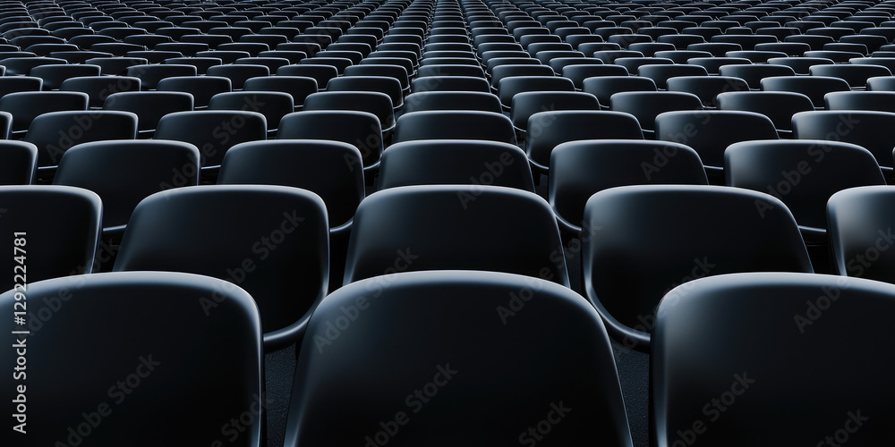 Fototapeta premium Empty plastic rows of seats in an outdoor stadium, waiting for a match, preparing a fan zone