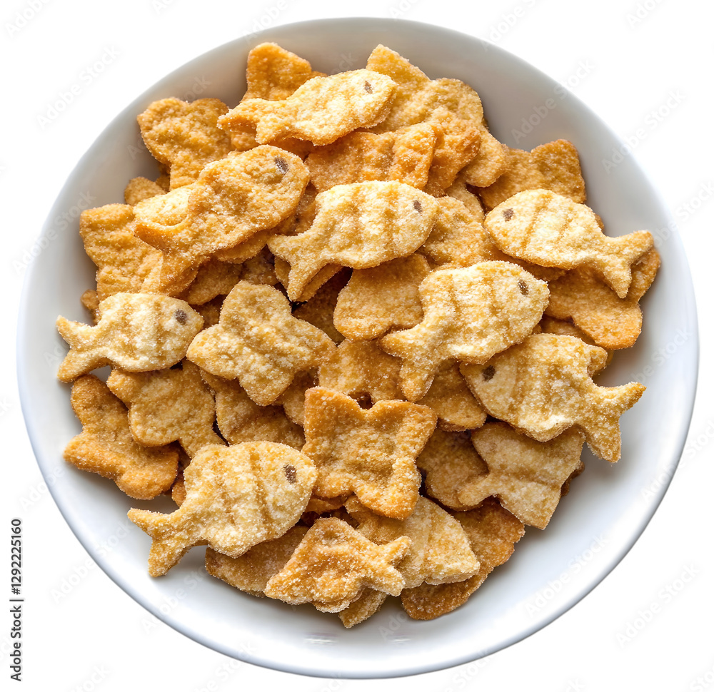 Crispy fish-shaped cat treats piled in a white bowl for a delightful and crunchy snack option for felines Crispy fish-shaped cat treats piled in a white bowl for a delightful and crunchy snack option for felines