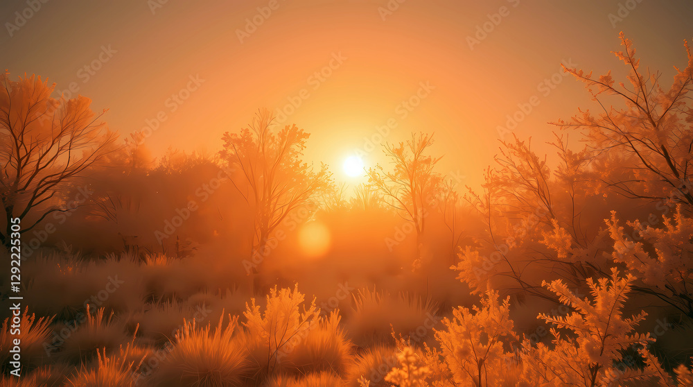 Obraz premium Landscape Backdrop - Golden Sunrise Illuminates Tranquil Trees Hazy Serene Peaceful Vista.