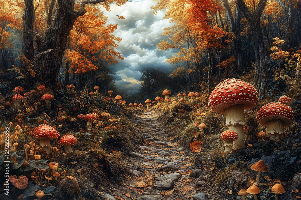 Fototapeta premium Autumnal Mushroom Grove Path, A Whimsical Woodland Wander