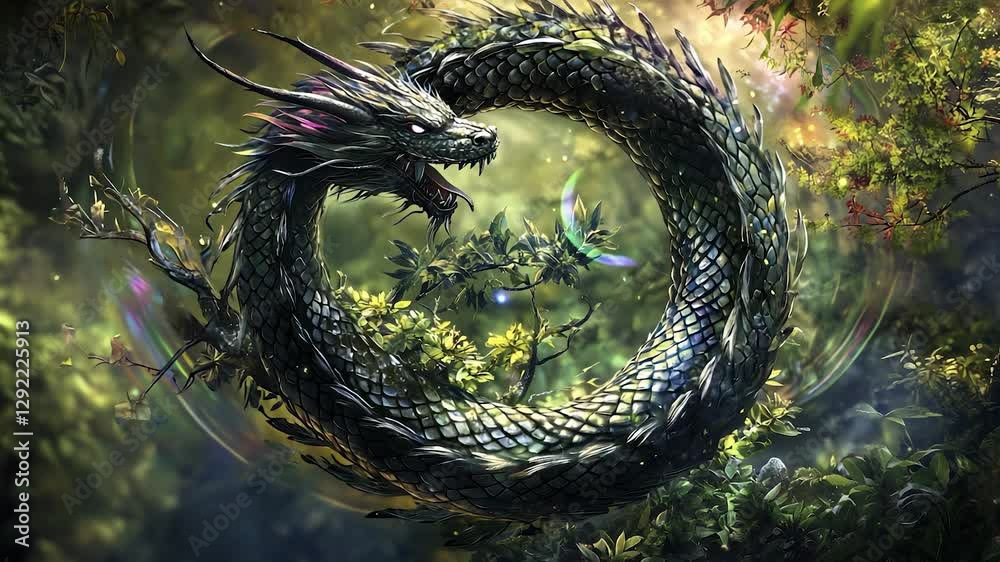 , a black dragon surrounded by green leaves. Blurry background of a green dragon. A circle of flowers and leaves in the garden. 