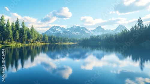 Tranquil lake reflecting snowy mountains and forest high resolution picture