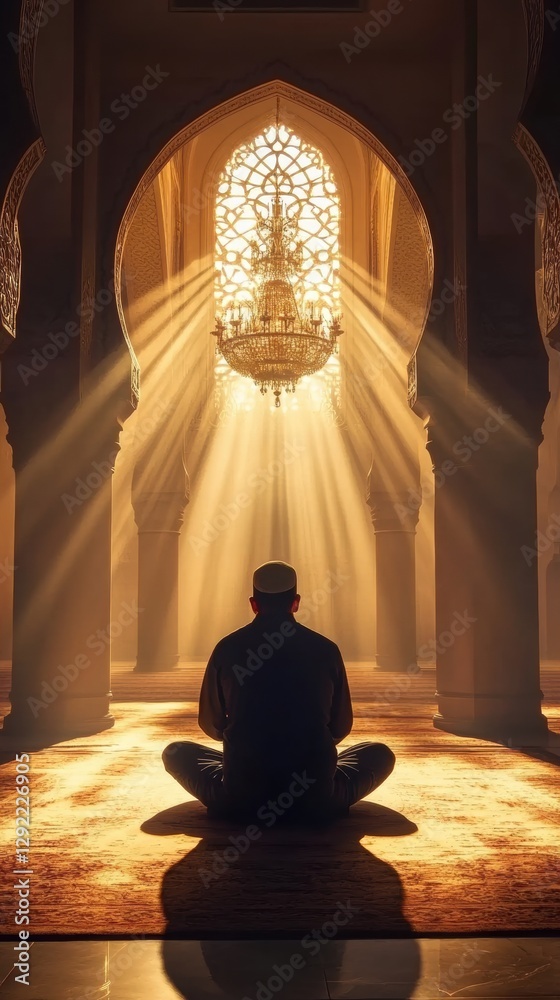 Silhouetted man meditating in grand mosque as golden light filters through intricately designed chandelier, casting long shadows. Concept of Ramadan, religion. Silhouetted man meditating in grand mosque as golden light filters through intricately designed chandelier, casting long shadows. Concept of Ramadan, religion.