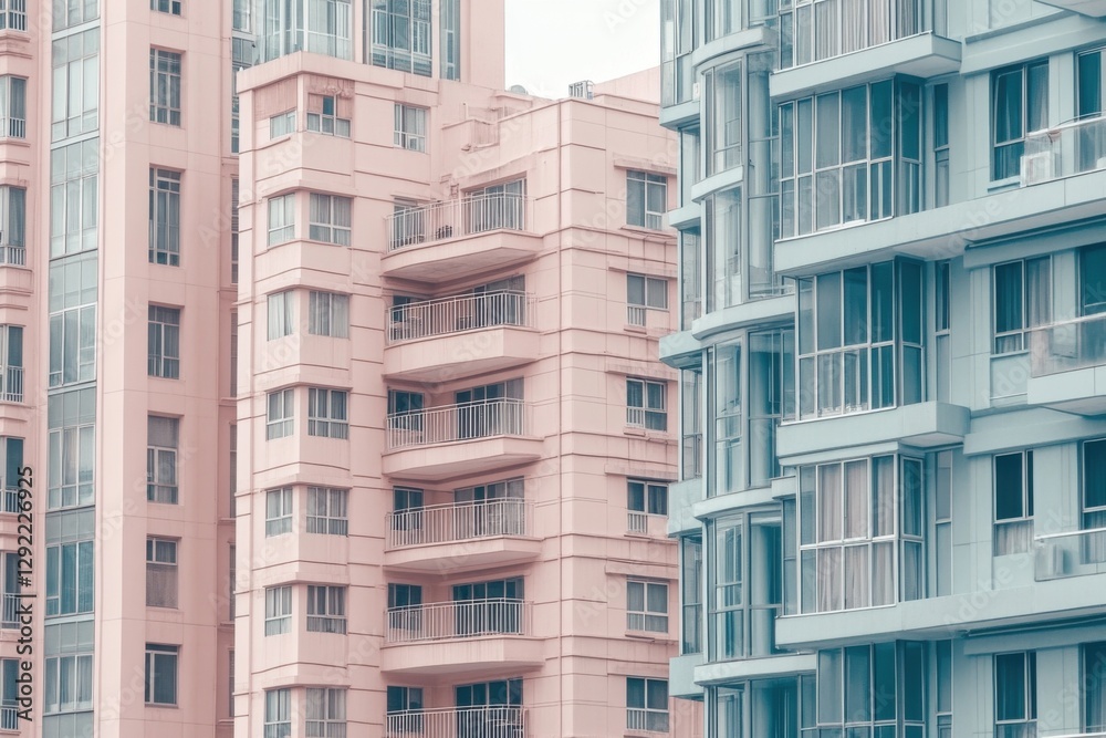 Modern geometric urban architecture with minimalist pink and blue buildings Modern geometric urban architecture with minimalist pink and blue buildings