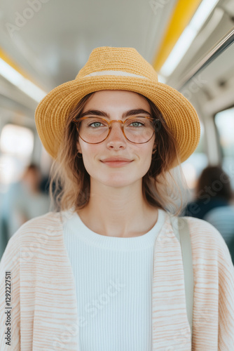 Wallpaper Mural Young woman with hat and glasses, traveling by train Torontodigital.ca