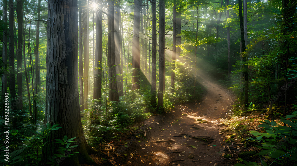 Obraz premium Sunlit Forest Path: A Serene Exploration Through Verdant Woods
