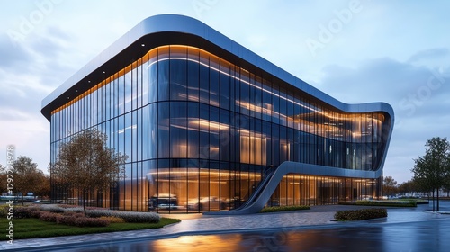 Modern glass office building at sunset with illuminated interior