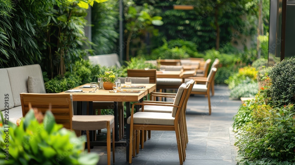 Fototapeta premium Outdoor garden dining area with wooden furniture and lush greenery
