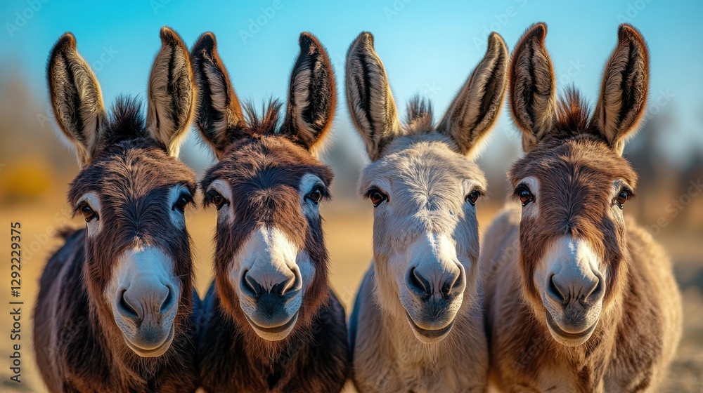 Fototapeta premium Four curious donkeys in a sunny meadow