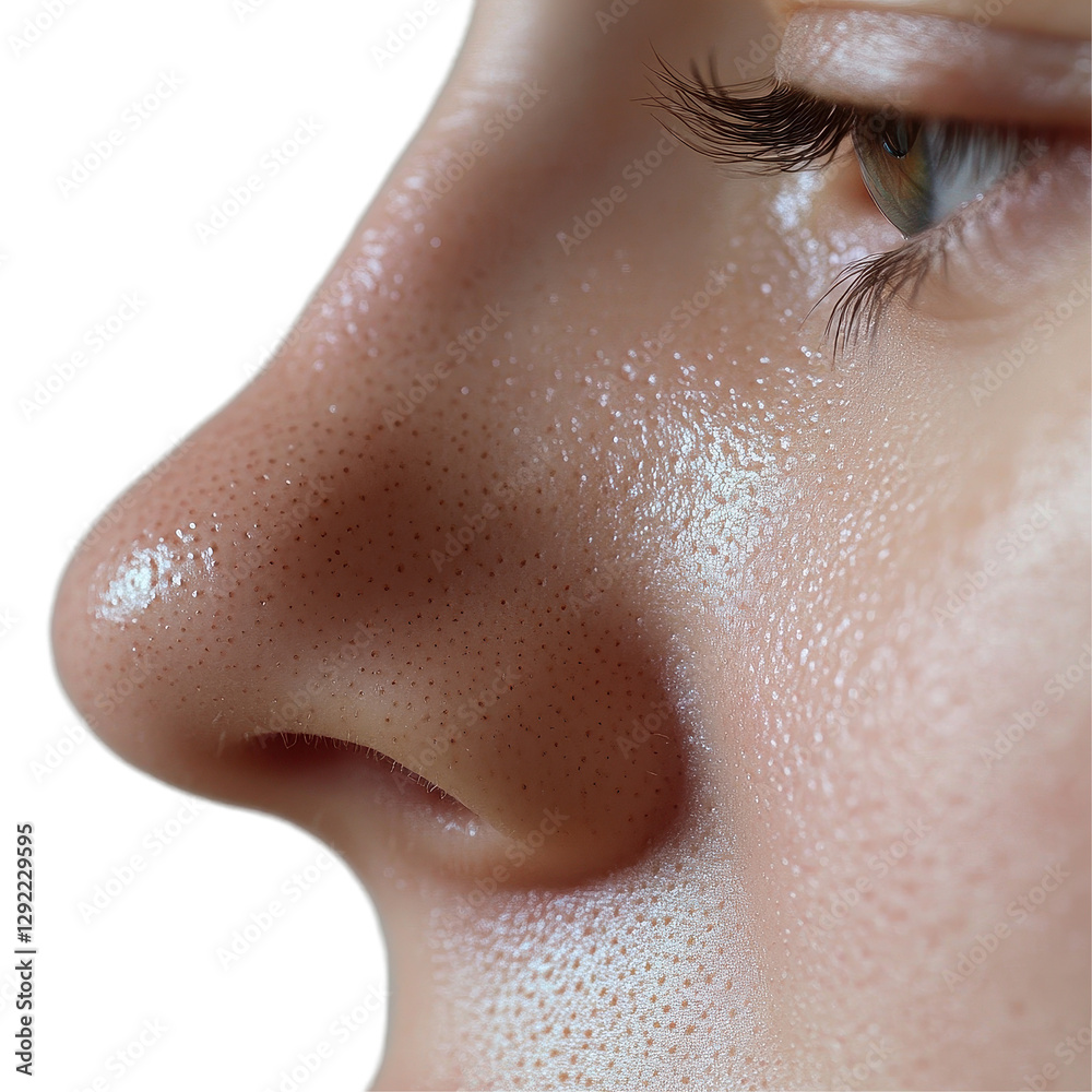 Fototapeta premium Closeup of skin texture on a persons nose highlighting pores in ultra high detail, Closeup a persons nose pores emphasizing texture and detail.