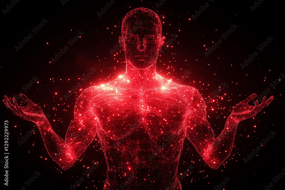 Fototapeta premium Glowing red digital human body model isolated on a black background