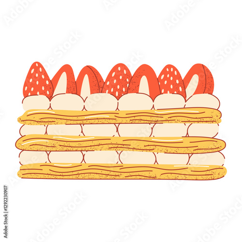 Mille feuille dessert, french Napoleon puff pastry with strawberry, vector illustration, flat hand drawn style with texture. Baked food for sticker, bakery, cafe, restaurant menu