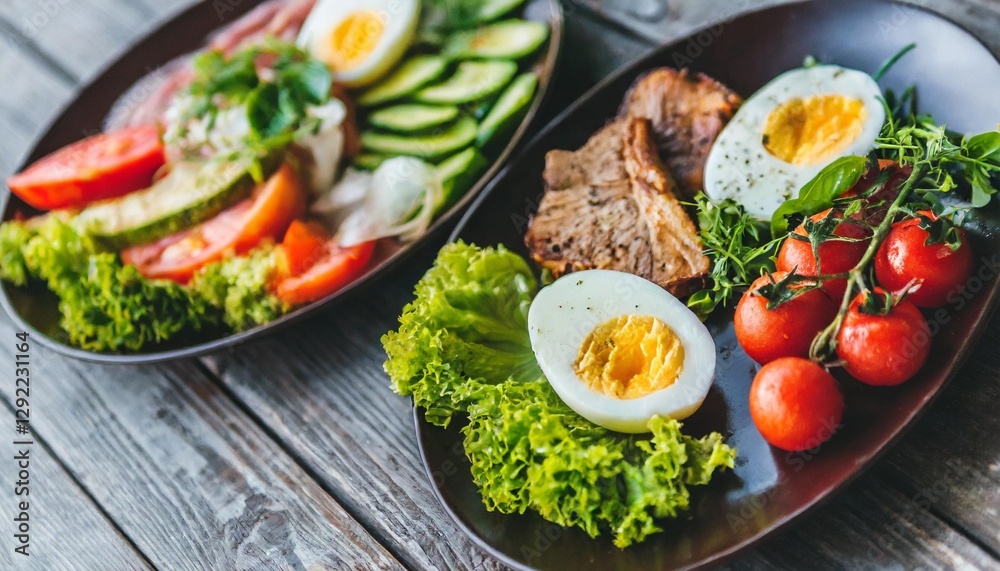 Complete Daily Diet: Vegetable Plates with Meat, Fish, and Eggs for Healthy Eating Complete Daily Diet: Vegetable Plates with Meat, Fish, and Eggs for Healthy Eating