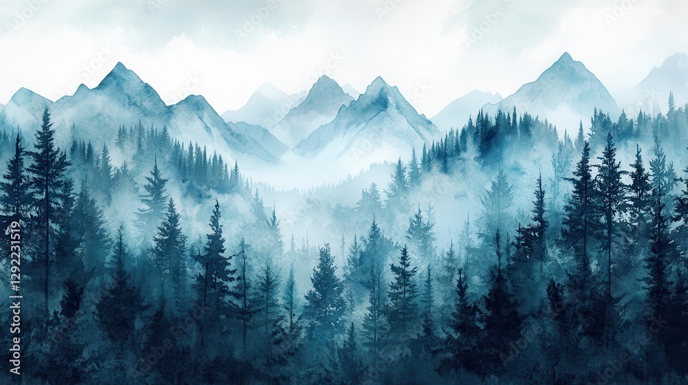 Obraz premium Misty mountain landscape with pine forest and foggy valleys