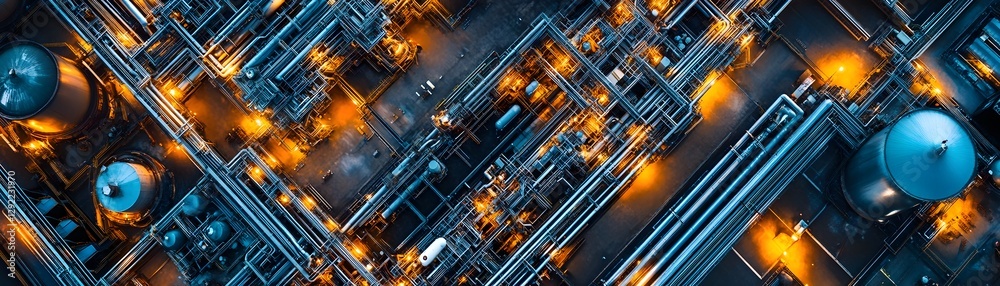 An overhead view of a complex technological network featuring illuminated pipelines and machinery, showcasing innovation and industrial progress in a modern environment. An overhead view of a complex technological network featuring illuminated pipelines and machinery, showcasing innovation and industrial progress in a modern environment.