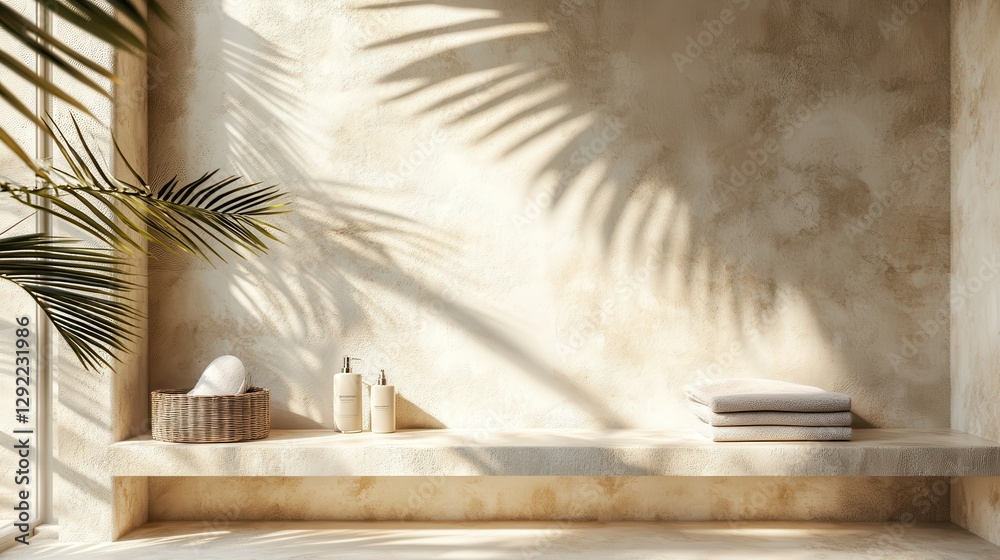 Fototapeta premium Minimalist sunlit bathroom with towels, basket, and skincare products on stone shelf