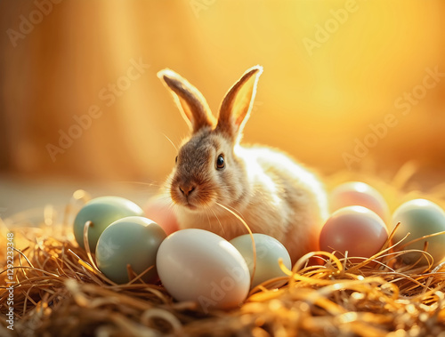 Obraz na płótnie Happy easter, traditional background, decorated eggs, bunny, culture and religion, seasonal template w salonie