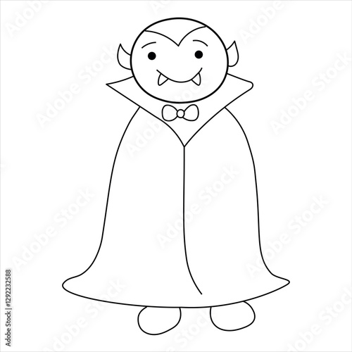 Simple black and white doodle illustration of a cartoon vampire in a cape. Count Dracula is depicted in a minimalist outline style with fangs and a classic collar. Halloween, children's book