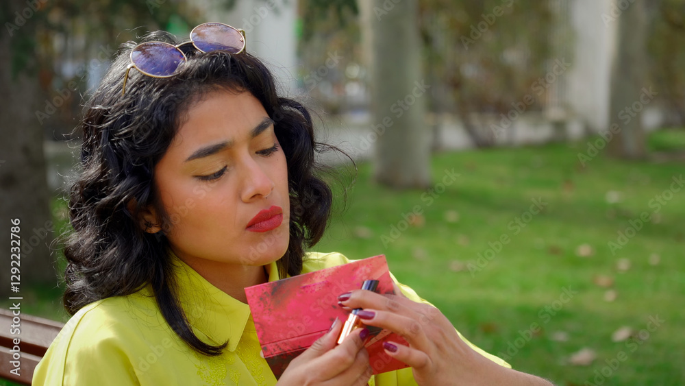 Young latin woman applying makeup outdoors in a park