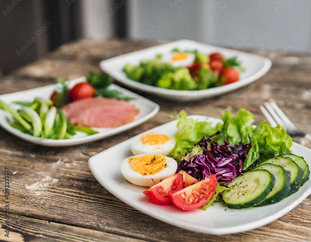 Complete Daily Diet: Vegetable Plates with Meat, Fish, and Eggs for Healthy Eating Complete Daily Diet: Vegetable Plates with Meat, Fish, and Eggs for Healthy Eating