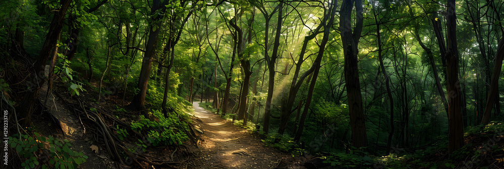 Obraz premium Sunlit Forest Path: A Serene Exploration Through Verdant Woods