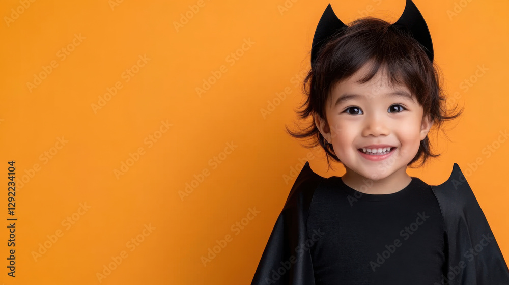 Halloween fun: child in bat costume with orange background for festive design Halloween fun: child in bat costume with orange background for festive design