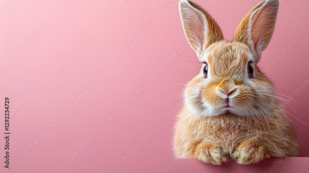 Obraz premium Photo of a little bunny, on a soft pink background Easter theme