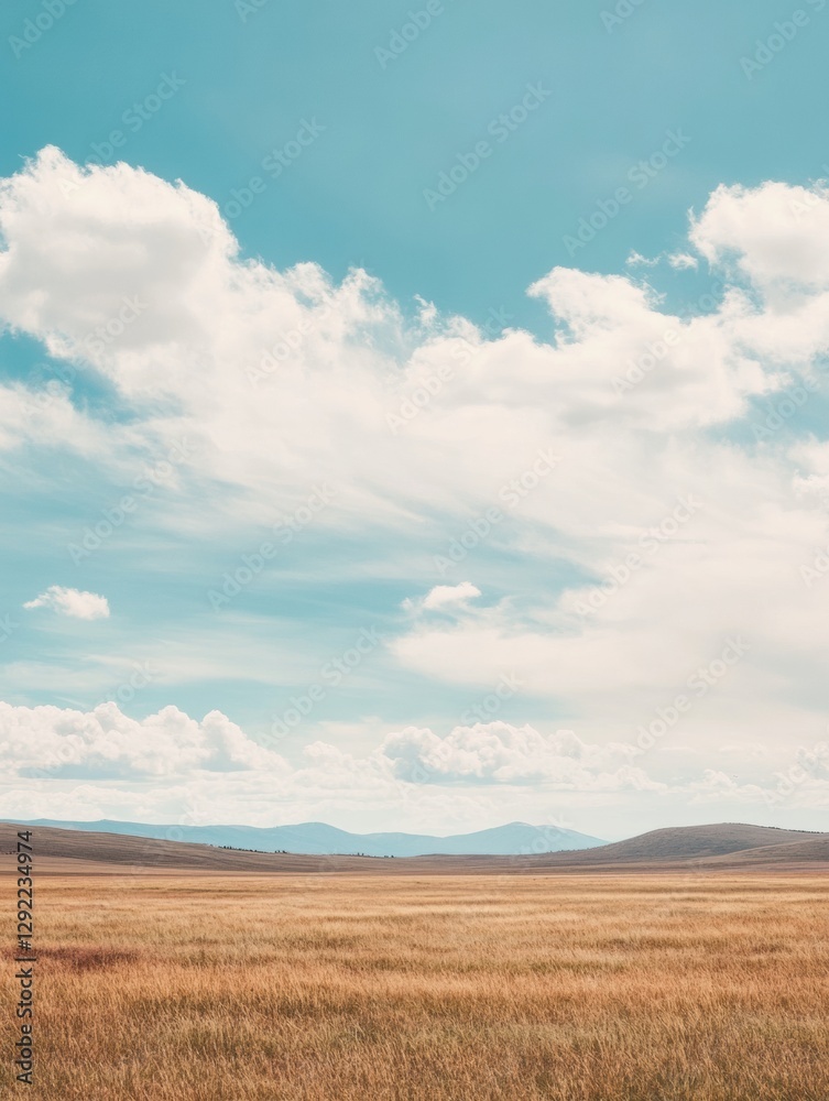 Vast golden landscape under a bright blue sky with fluffy white clouds in the afternoon light. Generative AI Vast golden landscape under a bright blue sky with fluffy white clouds in the afternoon light. Generative AI