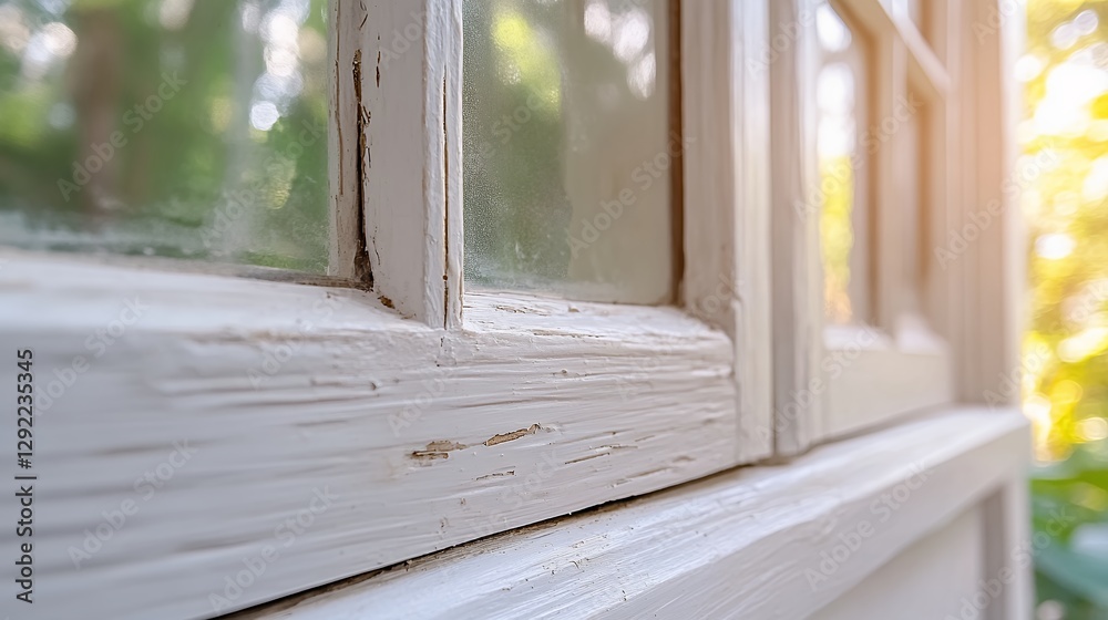 Fototapeta premium Close up of Weathered White Window Frame with Termite Damage