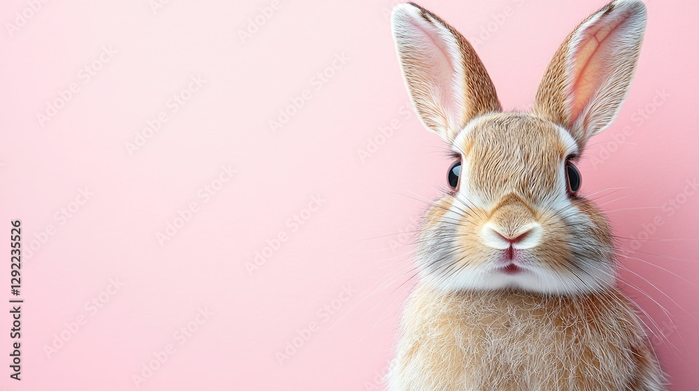 Obraz premium Photo of a little bunny, on a soft pink background Easter theme
