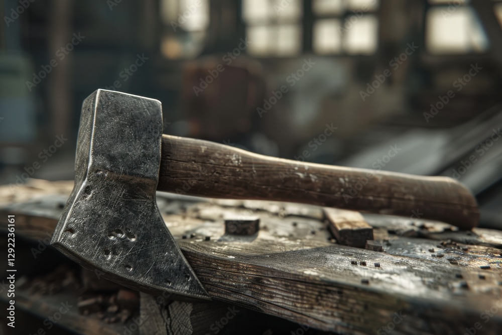 An old axe rests on a weathered wooden table in an industrial workshop filled with tools and debris during the late afternoon light An old axe rests on a weathered wooden table in an industrial workshop filled with tools and debris during the late afternoon light
