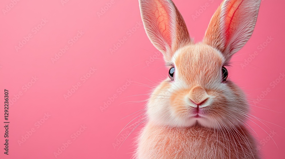 Obraz premium Photo of a little bunny, on a soft pink background Easter theme
