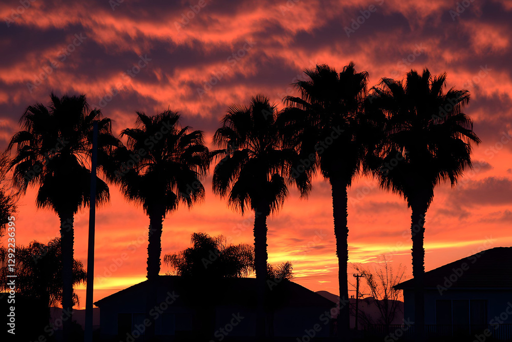 Obraz premium Fiery Sunset Silhouette: Palm Trees at Dusk
