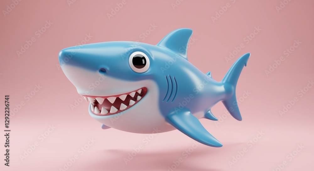 Fototapeta premium Cute cartoon shark character with large expressive eyes, conveying a playful and cheerful mood, swimming against a soft pink background. 