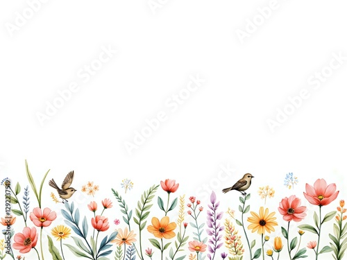 A vibrant floral illustration with birds amongst blossoms