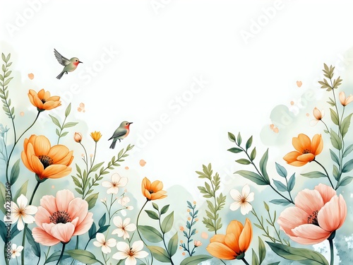 A vibrant floral composition with graceful birds