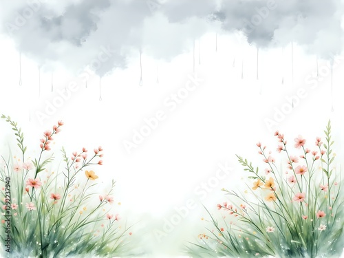 Delicate floral landscape with gentle rain background