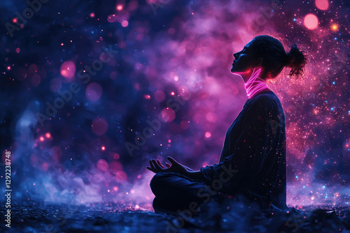 A woman meditates peacefully amidst a vibrant cosmic backdrop of swirling nebulae and twinkling stars.