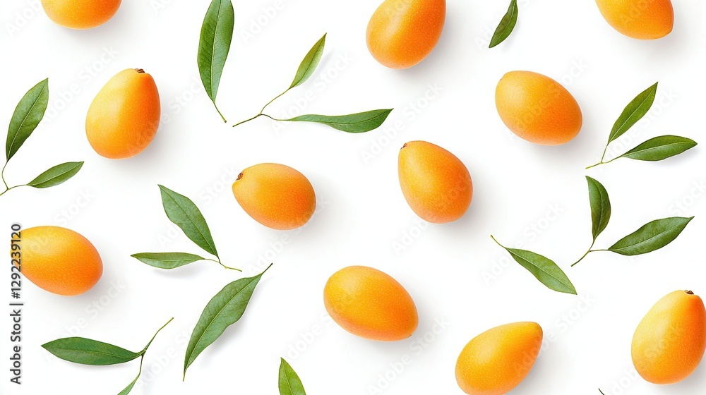 A group of oranges with green leaves on a white background with a pattern of oranges and green leaves A group of oranges with green leaves on a white background with a pattern of oranges and green leaves