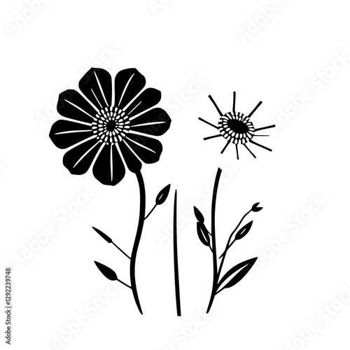 Bold Black and White Floral Composition. Stylized representation of flowers, featuring intricate detail. Minimalism.